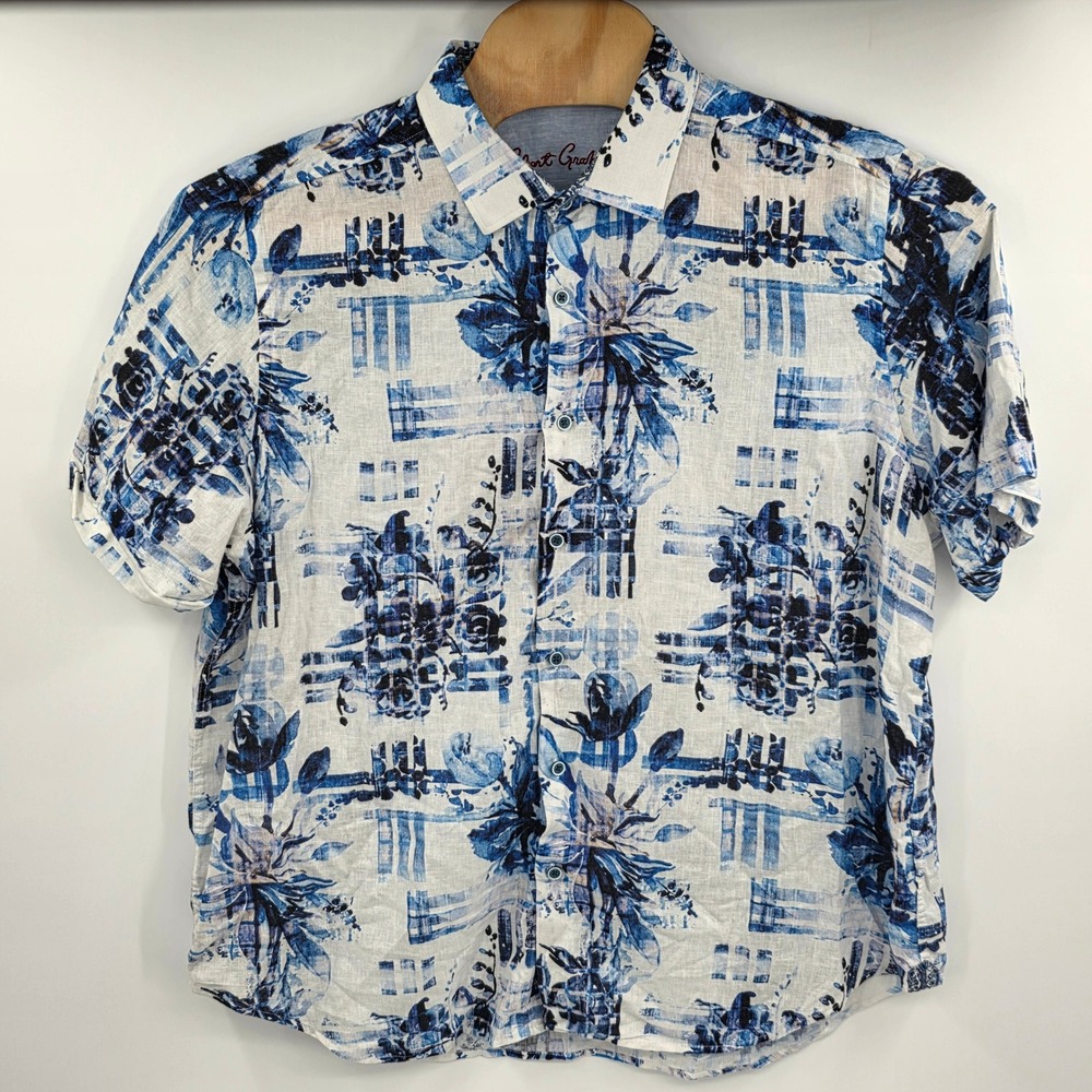 Robert Graham Mens 2XL Classic Fit Linen Cotton Blue Floral Short Sleeve Shirt